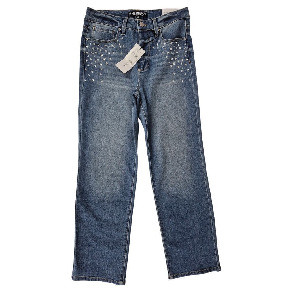 NWT Blue Revival Recycled Denim Teresa Crystal Studs Straight Ankle Jean 27x27